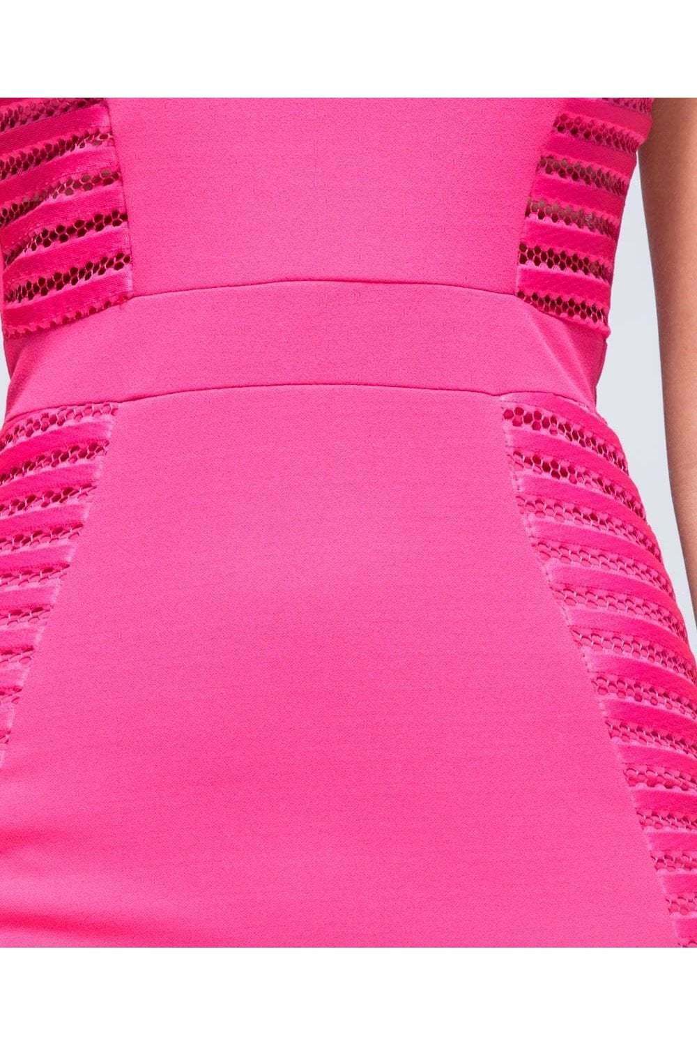 Off Shoulder Lace Panel Bardot Bodycon Dress in Pink Close Up View