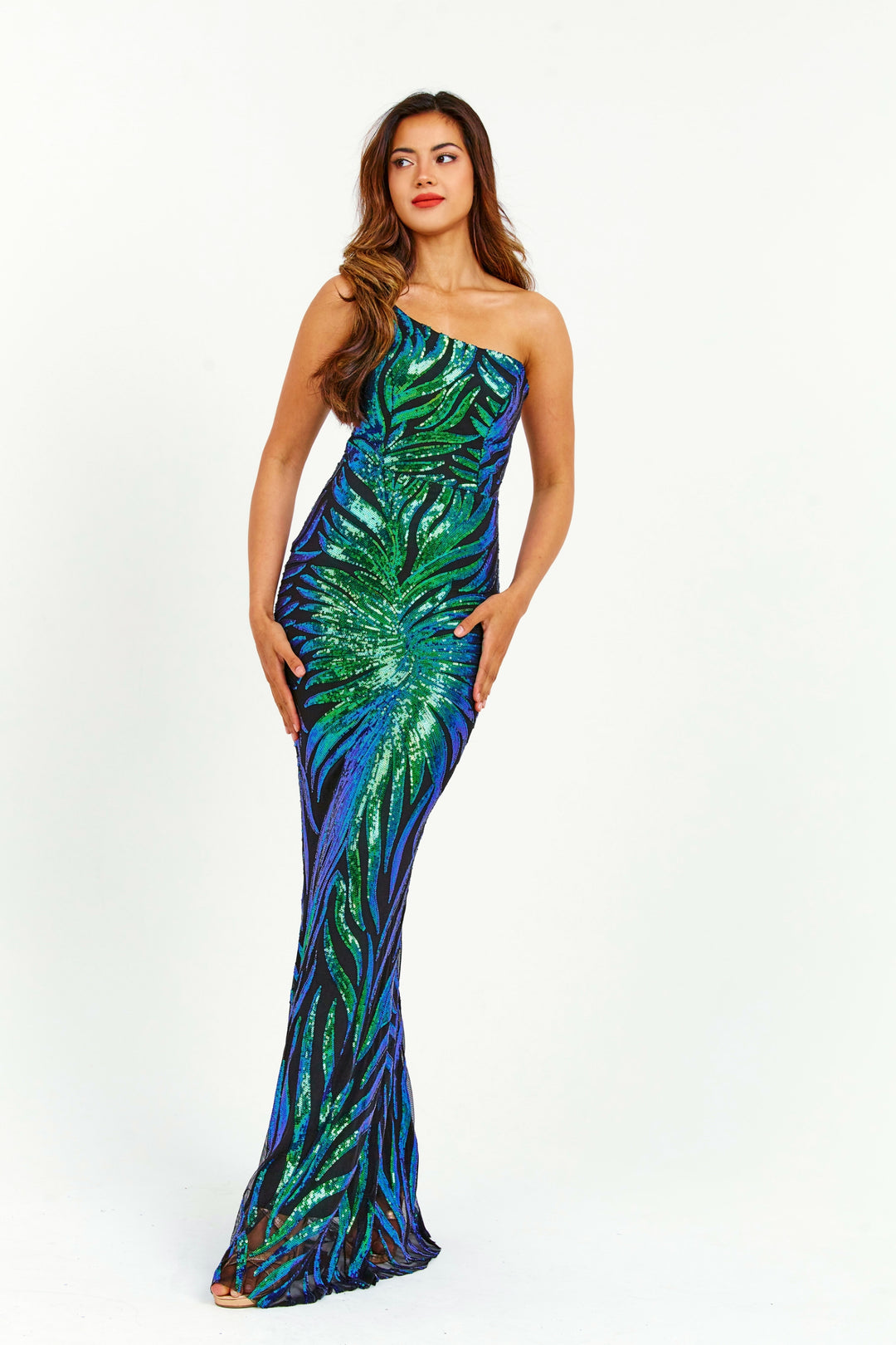 Emerald 3D Sequin Gradient One Strap Shoulder Sequin Maxi Dress