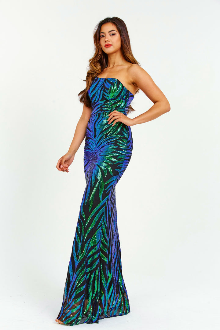 Emerald 3D Sequin Gradient One Strap Shoulder Sequin Maxi Dress