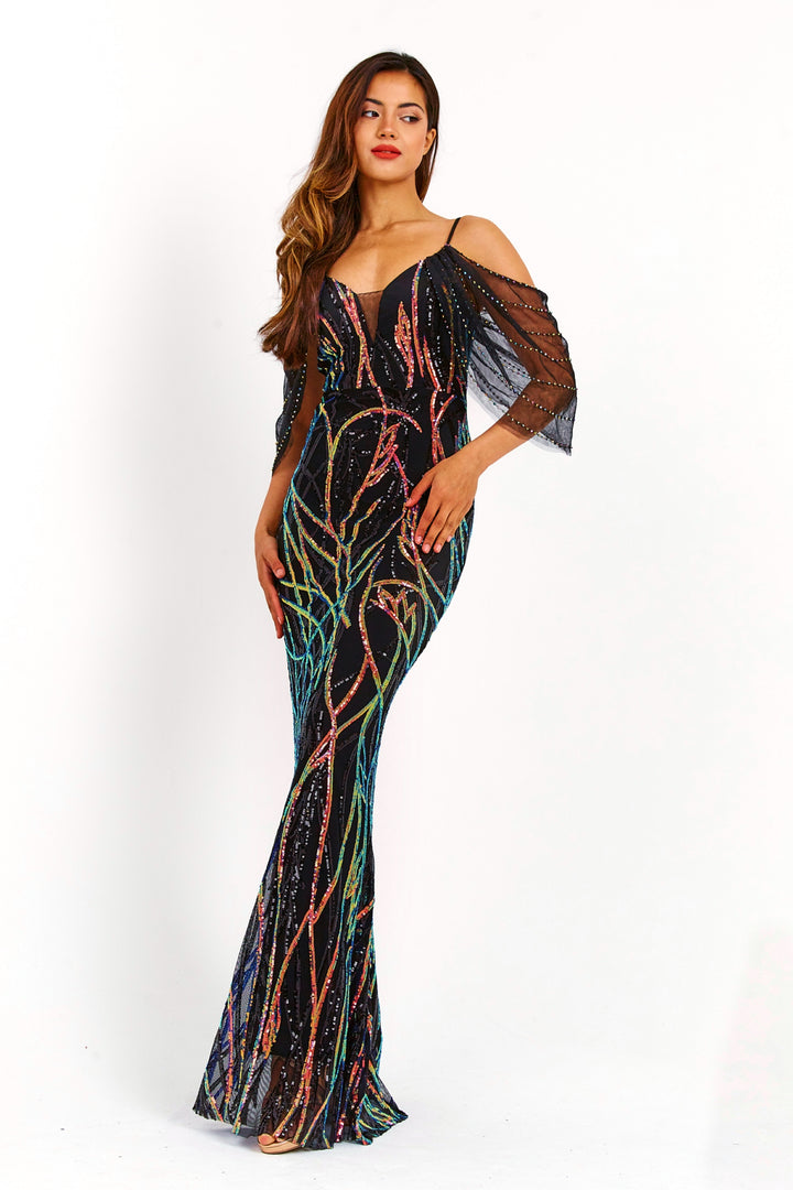 Black 3D Swirled Sequin Embroidered Maxi Dress