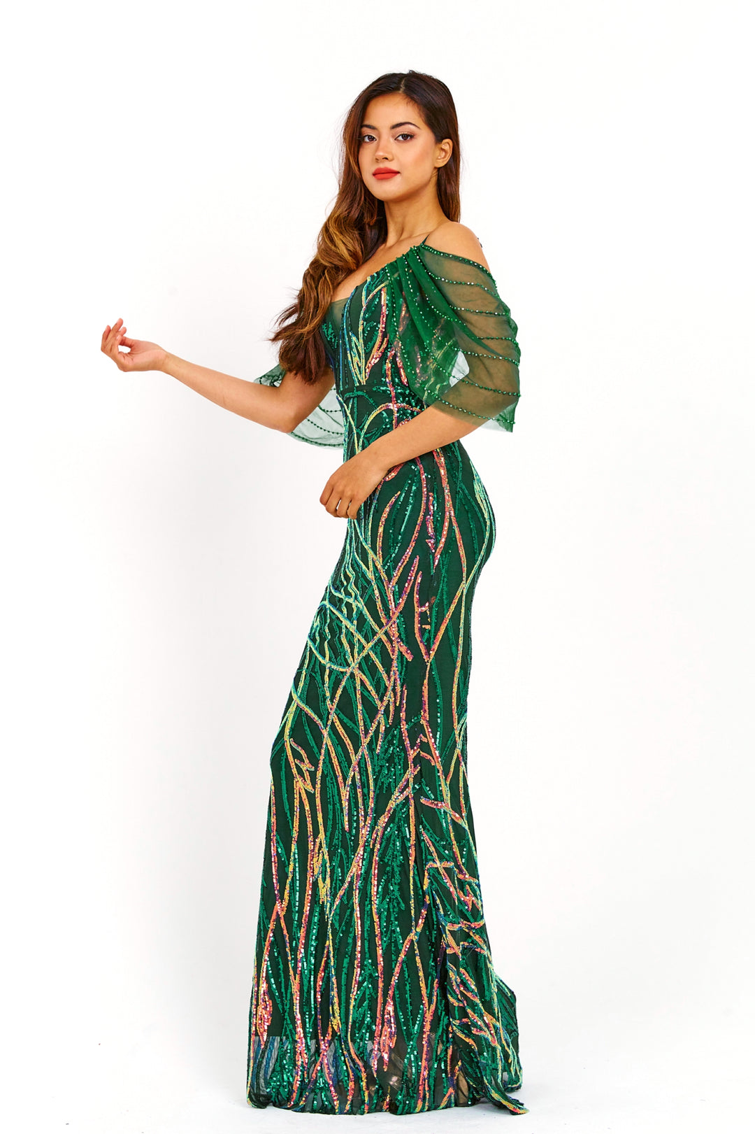 Emerald 3D Swirled Sequin Embroidered Maxi Dress