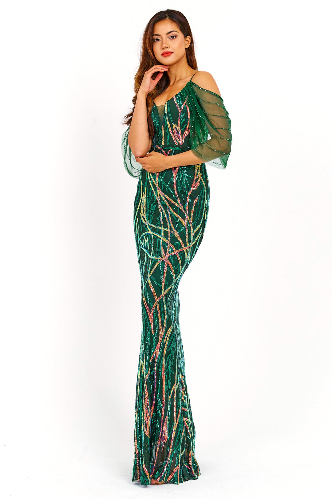 Emerald 3D Swirled Sequin Embroidered Maxi Dress