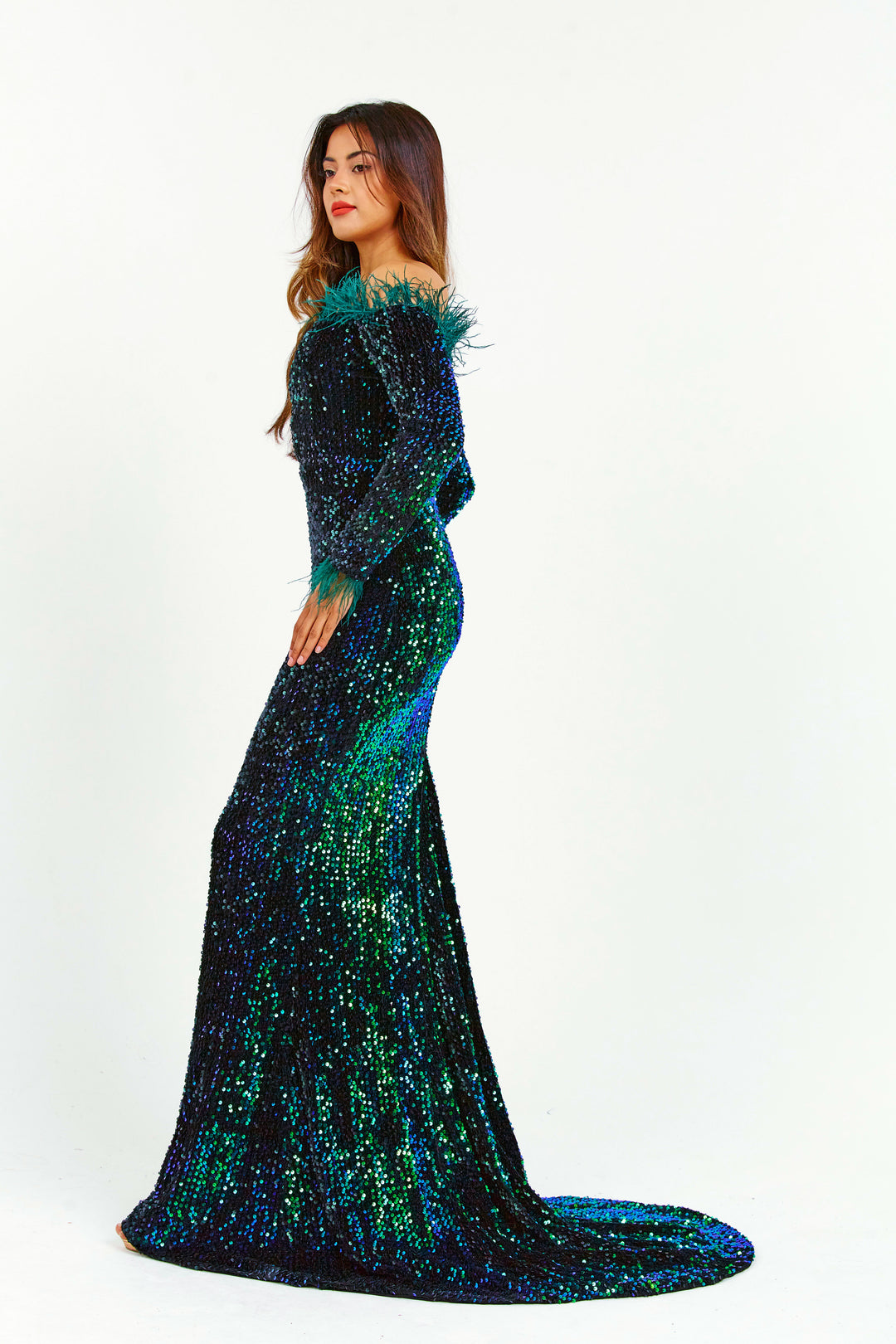 Emerald Green Long Sleeve Off-Shoulder Sequin Maxi Dress