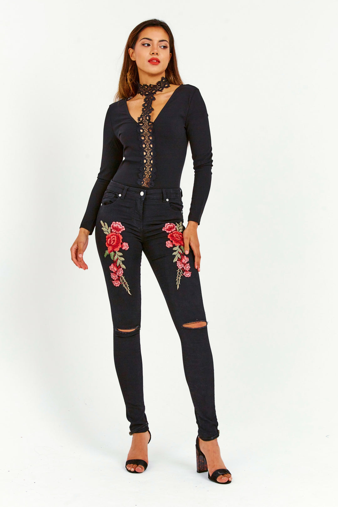 Floral Embroidered Ripped Jeans