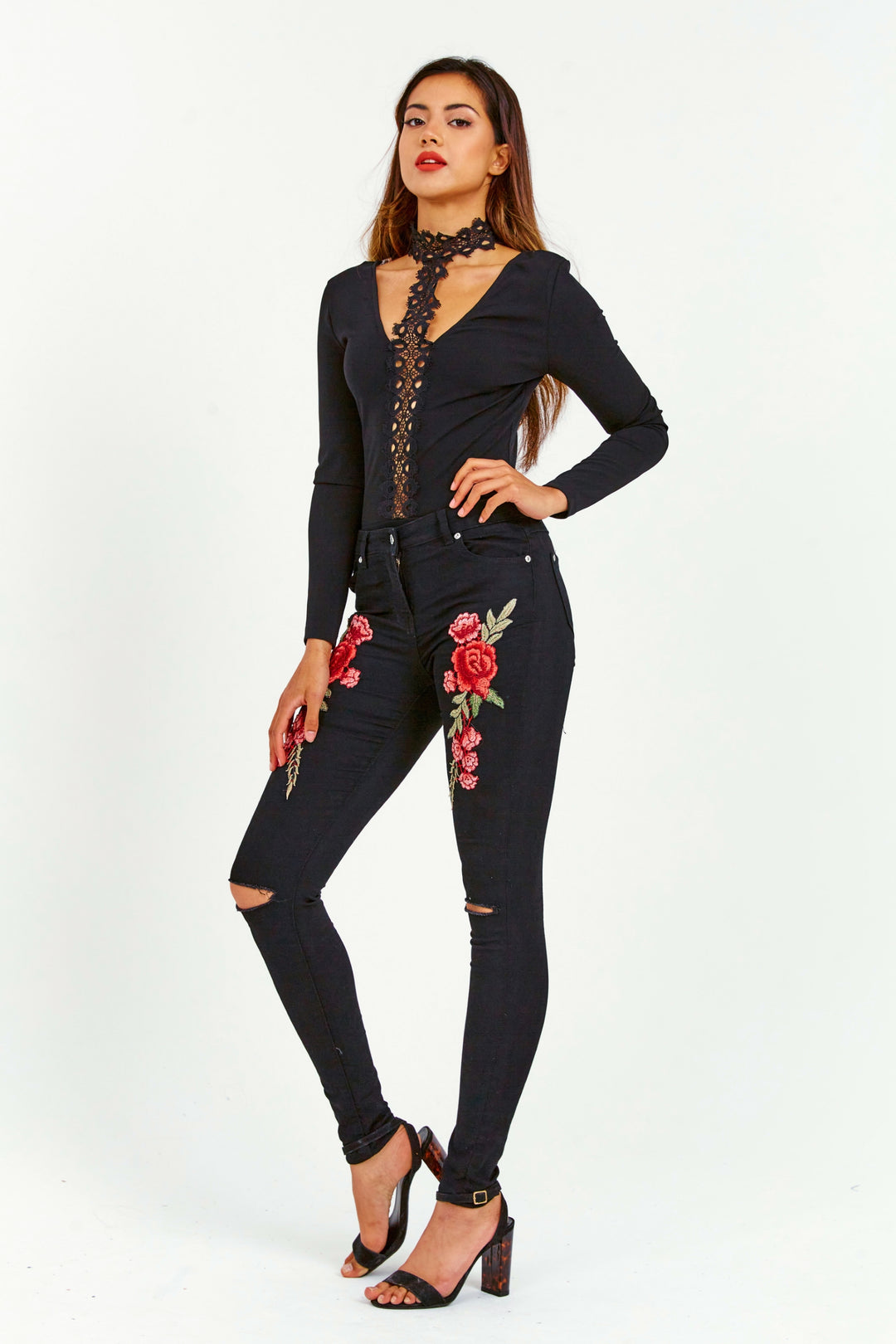 Floral Embroidered Ripped Jeans