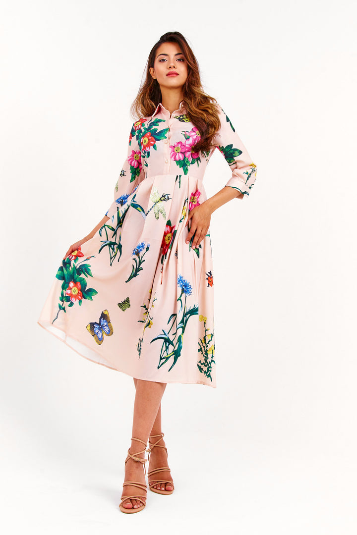 Beige Floral Pleated Midi Dress - Full Front View