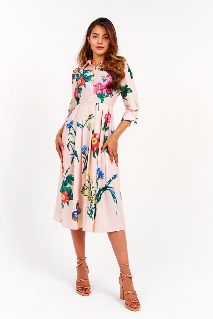 Beige Floral Pleated Midi Dress - Full Front View 2