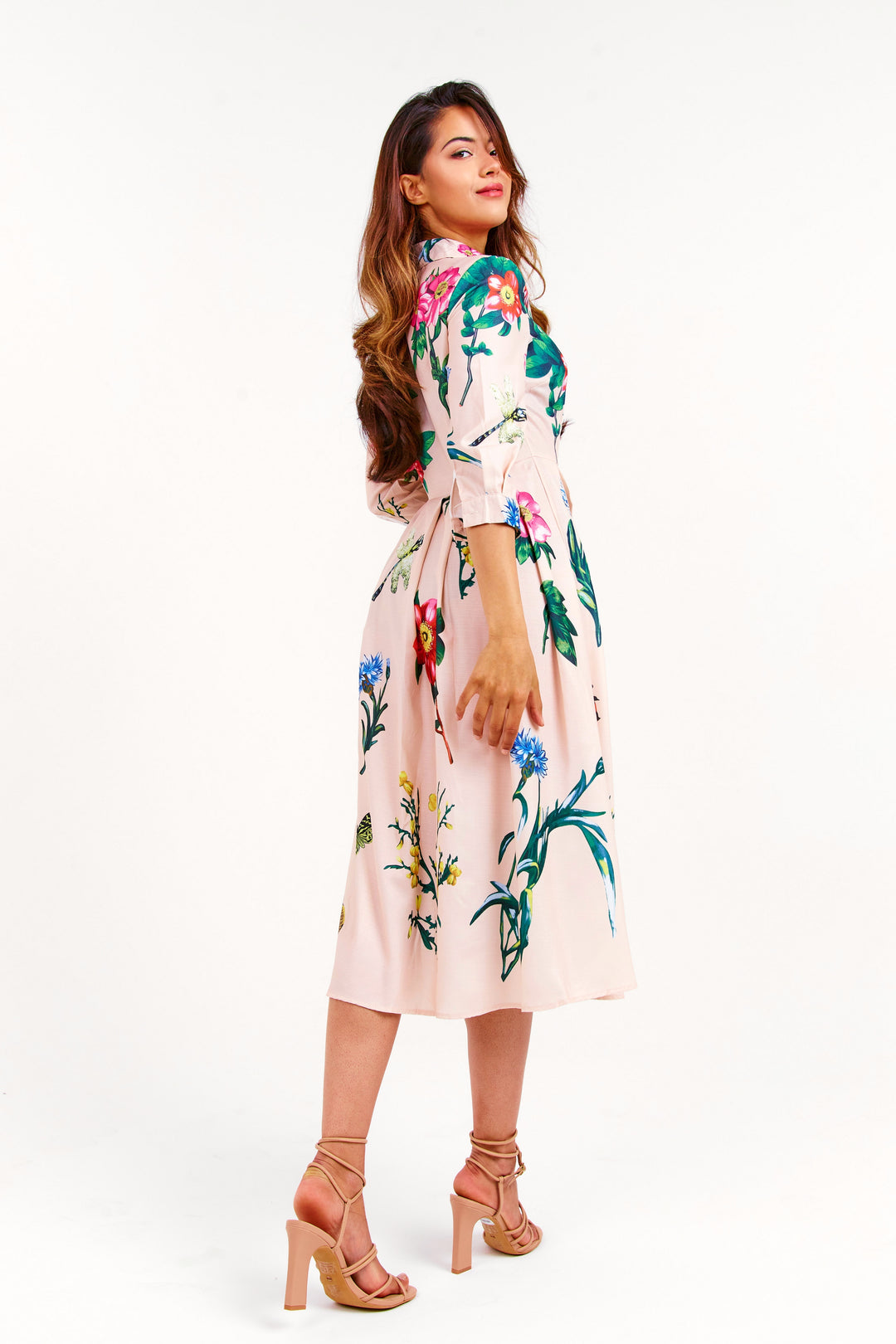 Beige Floral Pleated Midi Dress - Full Back View