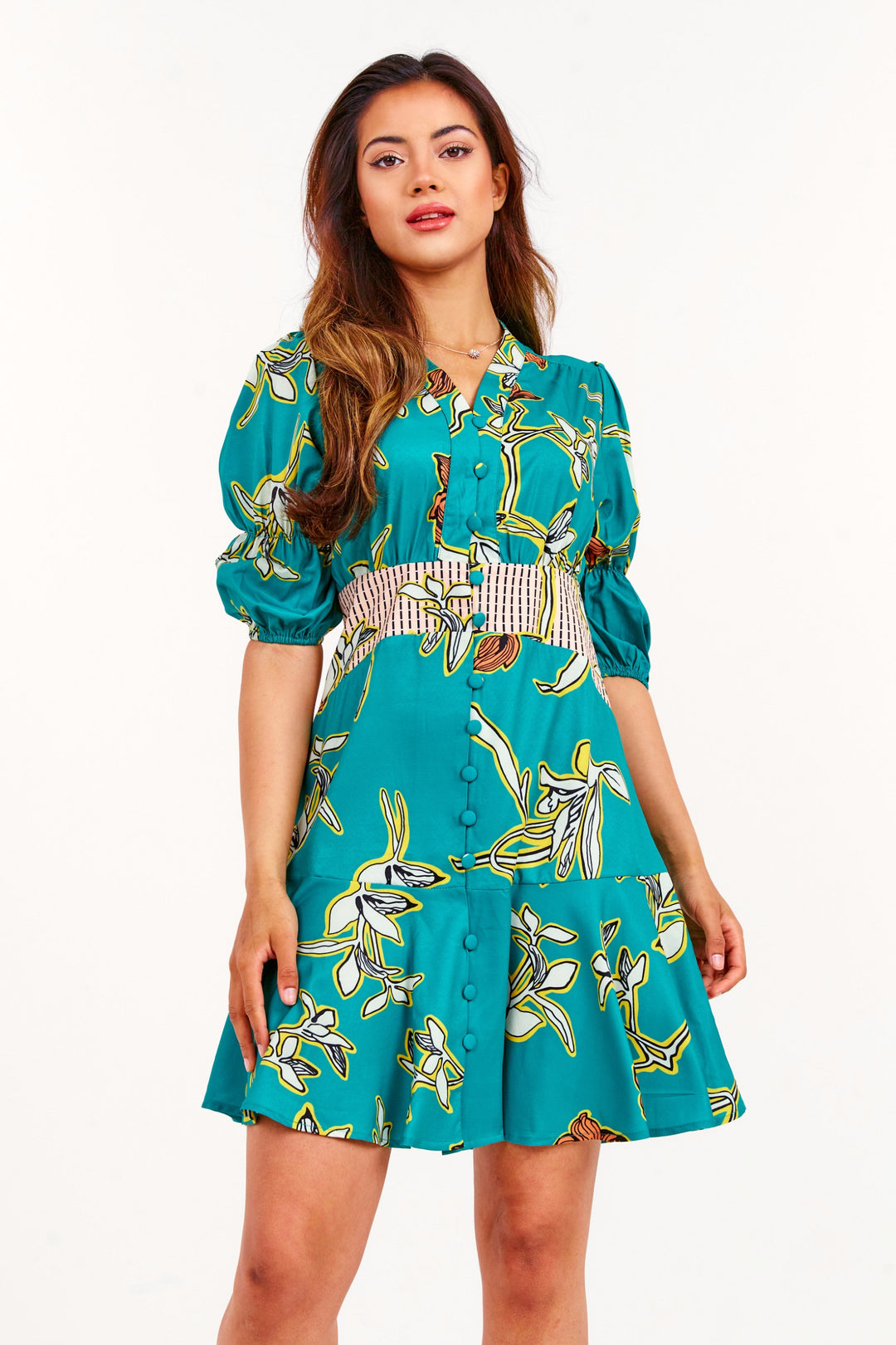 Green Floral Ruffle Mini Dress