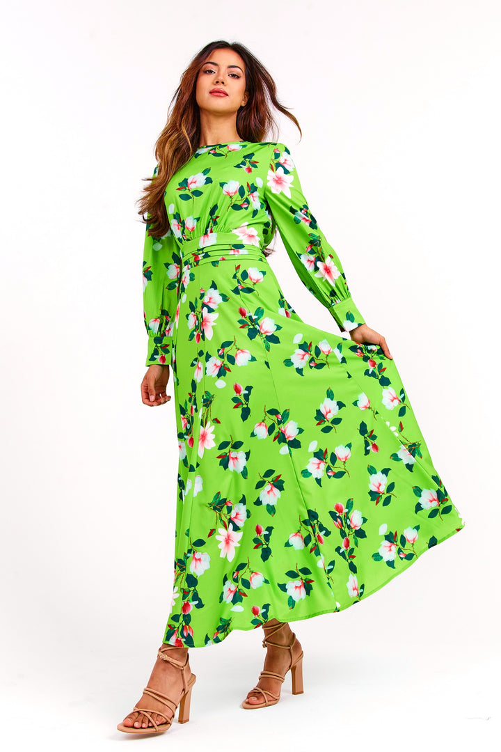 Green Floral Long Maxi Dress - Full Front View