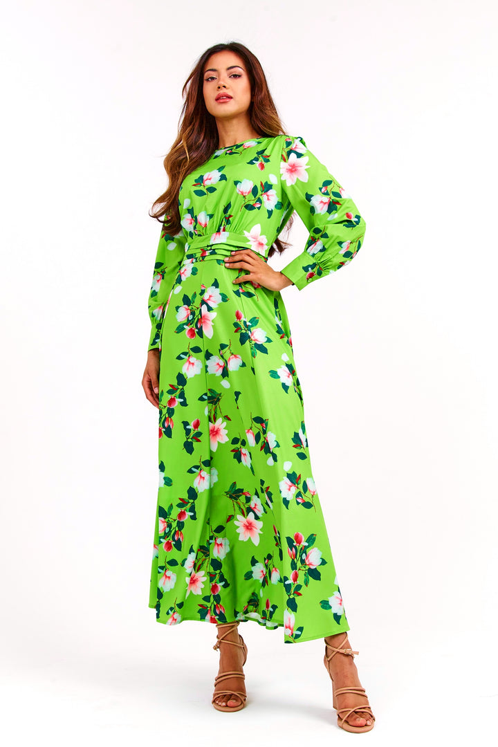 Green Floral Long Maxi Dress - Full Front View 2