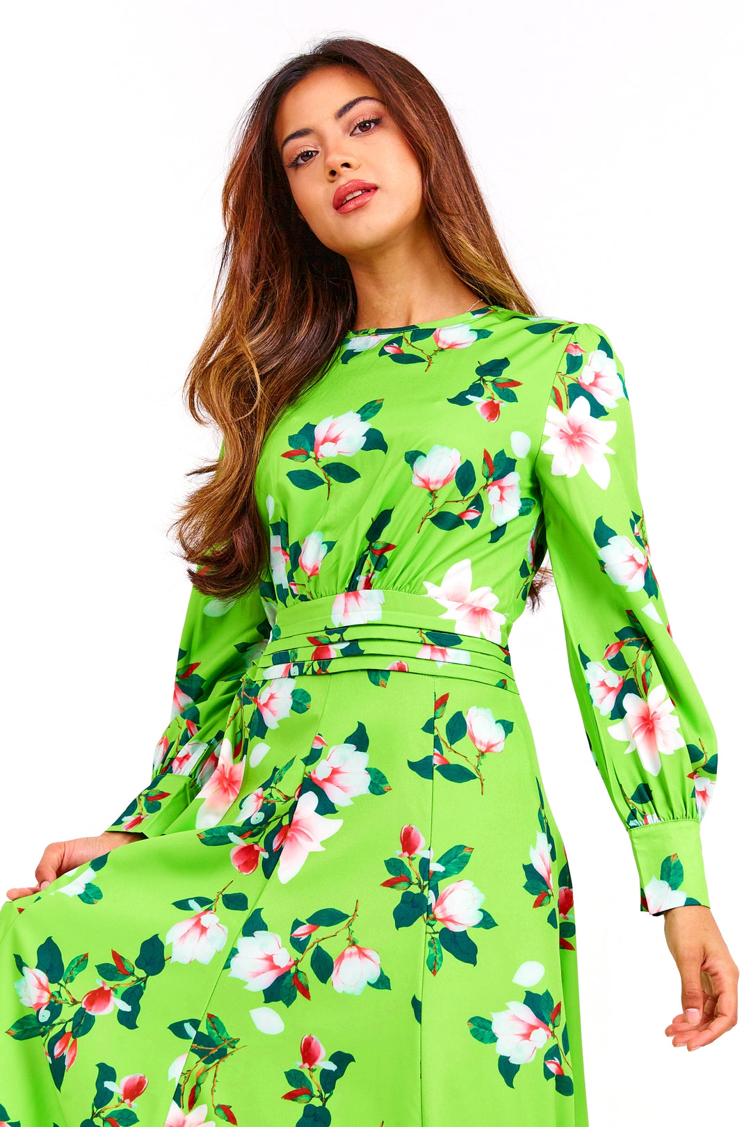 Green Floral Long Maxi Dress - Close Up View 1