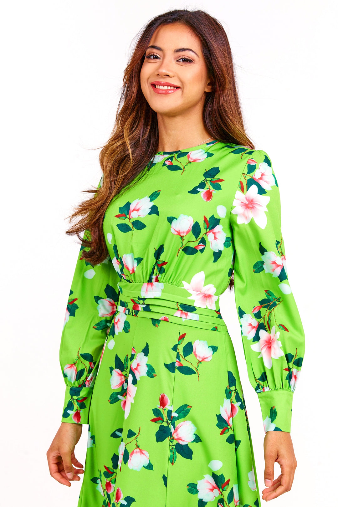 Green Floral Long Maxi Dress - Close Up View 3