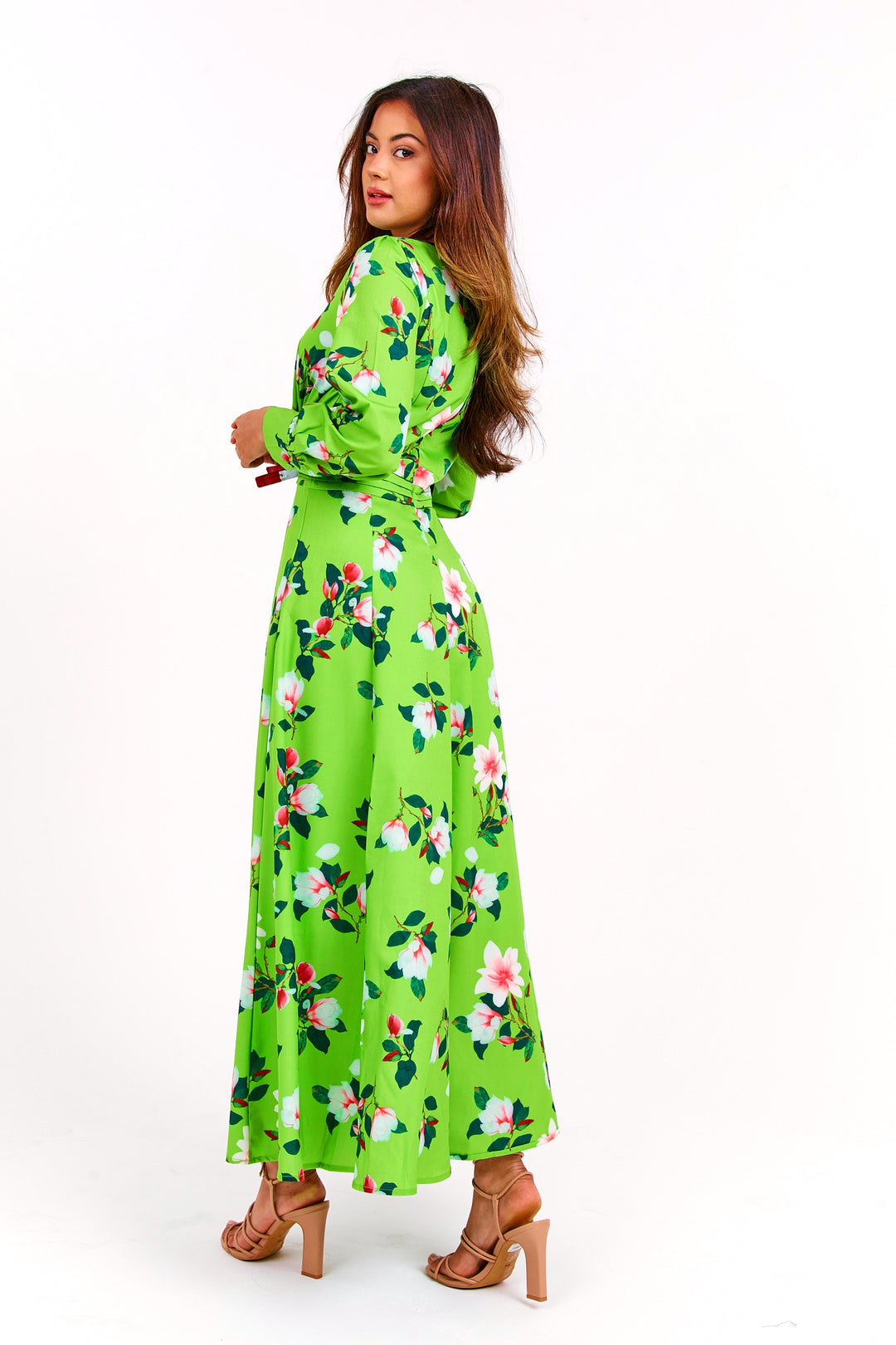 Green Floral Long Maxi Dress - Full Back View