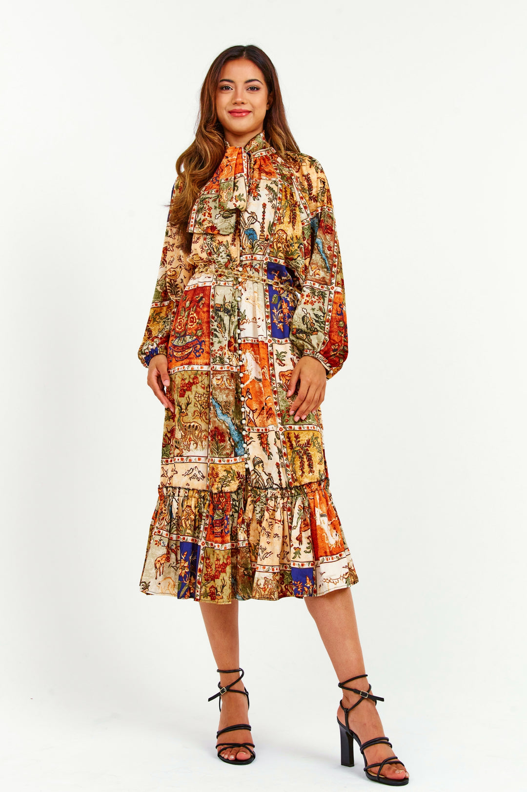 Oriental Print Ruffle Midi Dress