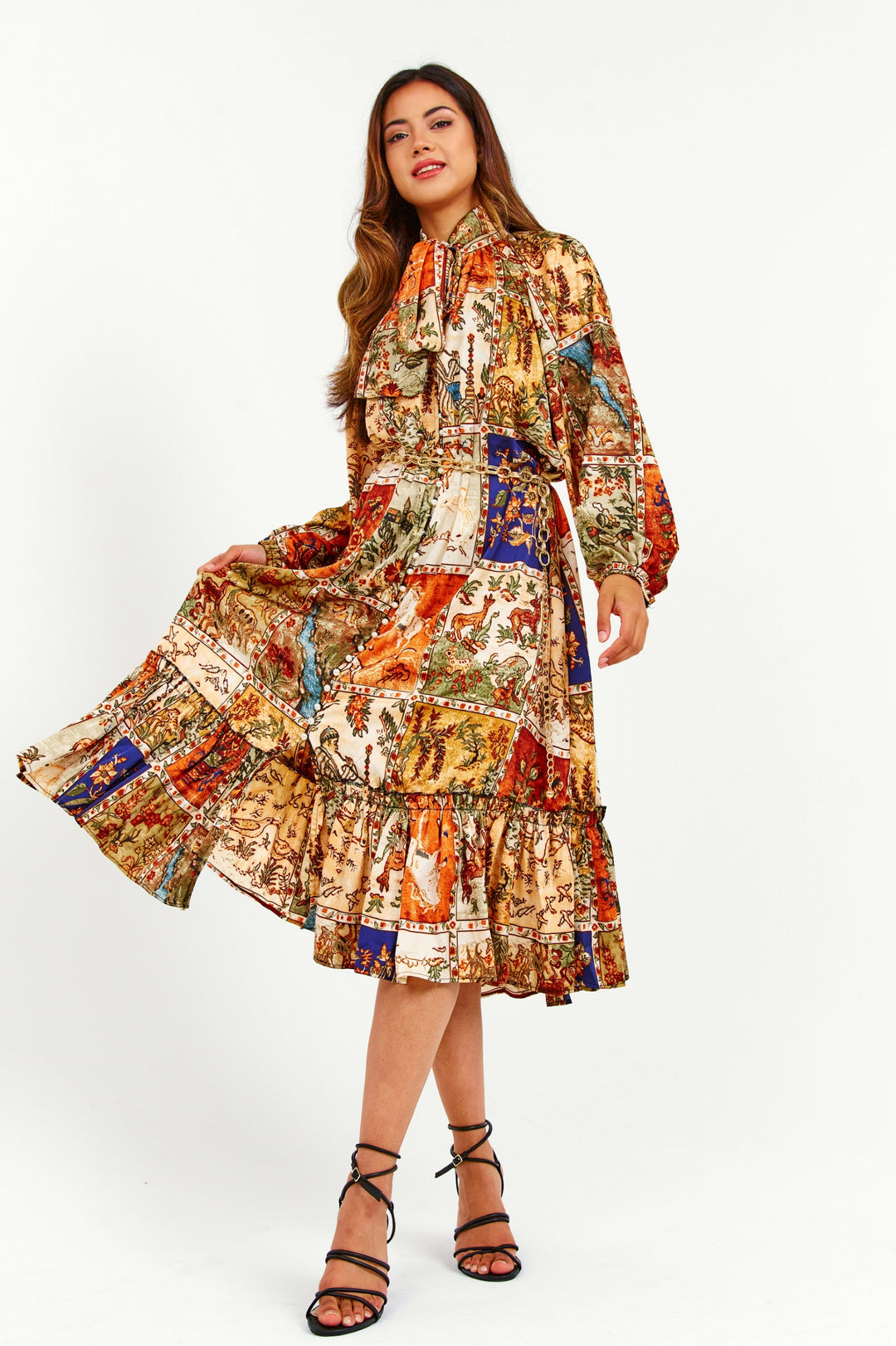 Oriental Print Ruffle Midi Dress