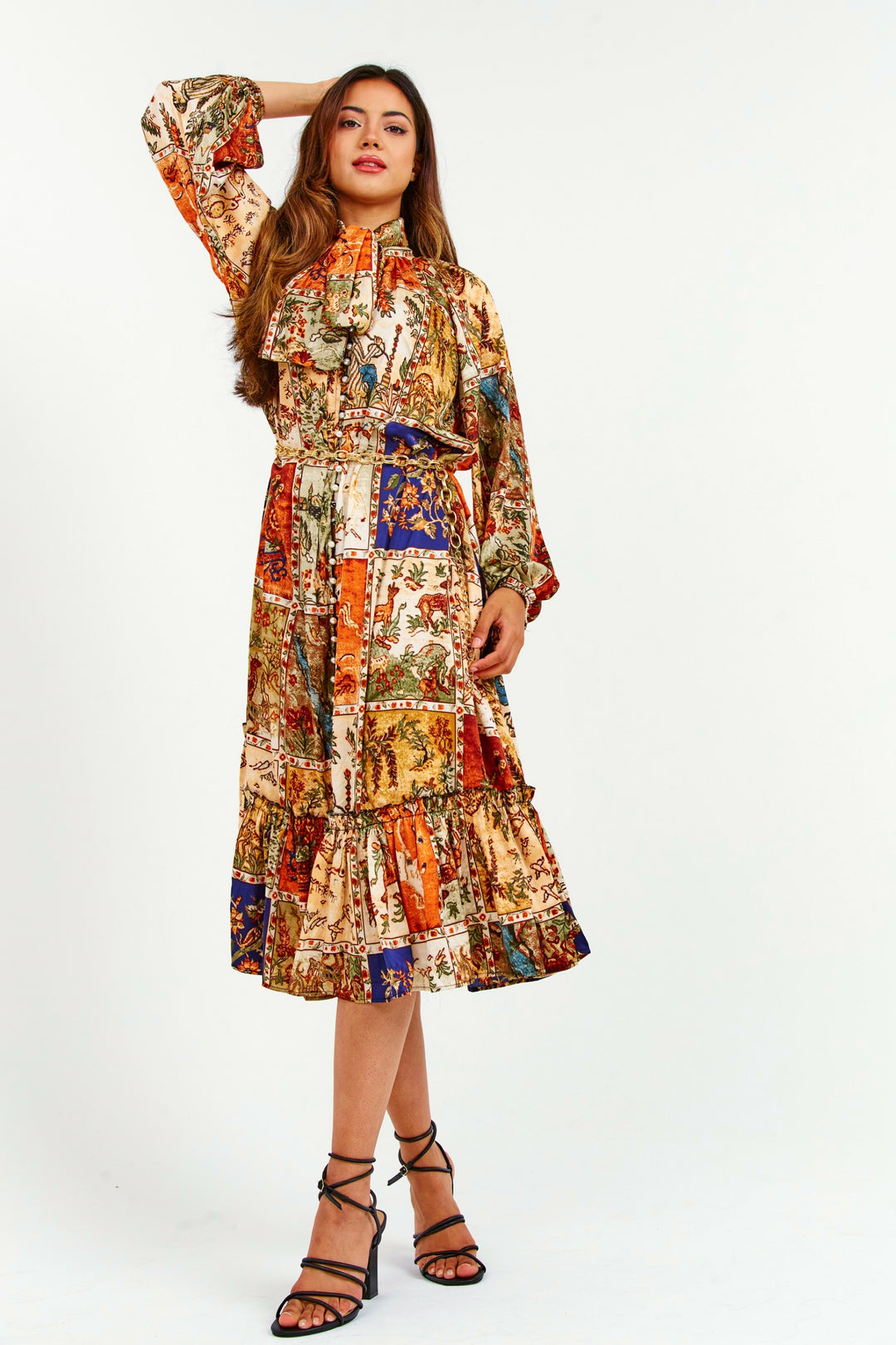 Oriental Print Ruffle Midi Dress