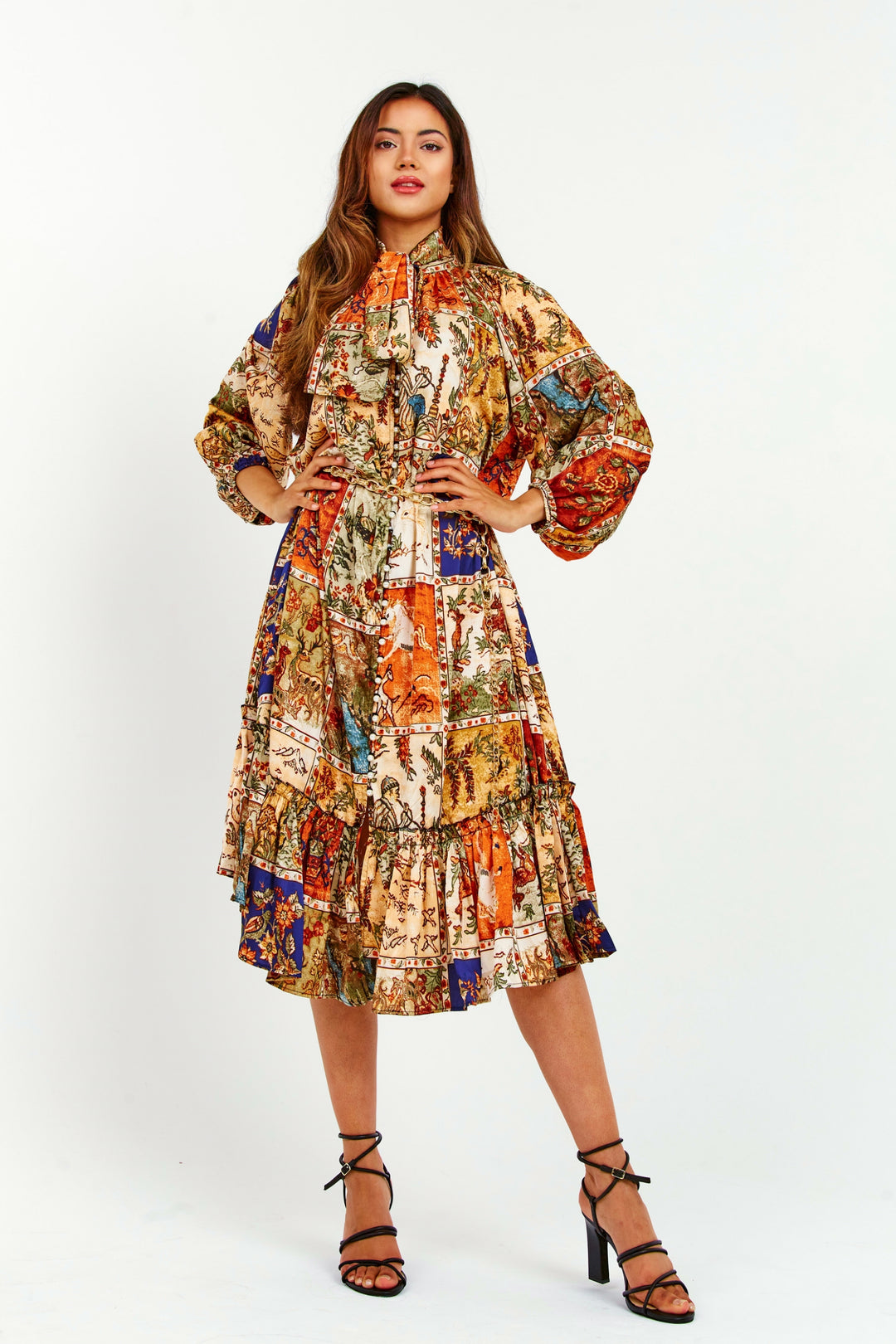 Oriental Print Ruffle Midi Dress