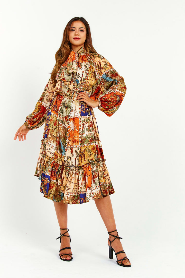 Oriental Print Ruffle Midi Dress