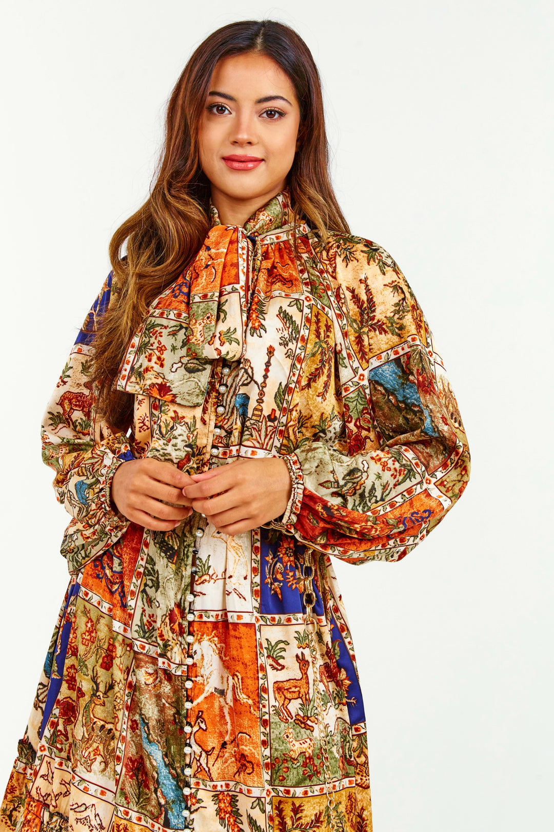 Oriental Print Ruffle Midi Dress