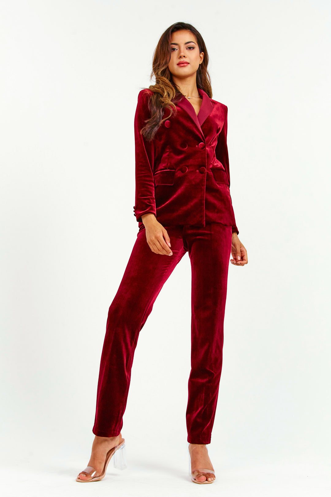 Blood Red Velvet 2 Piece Suit - Full Front View 3