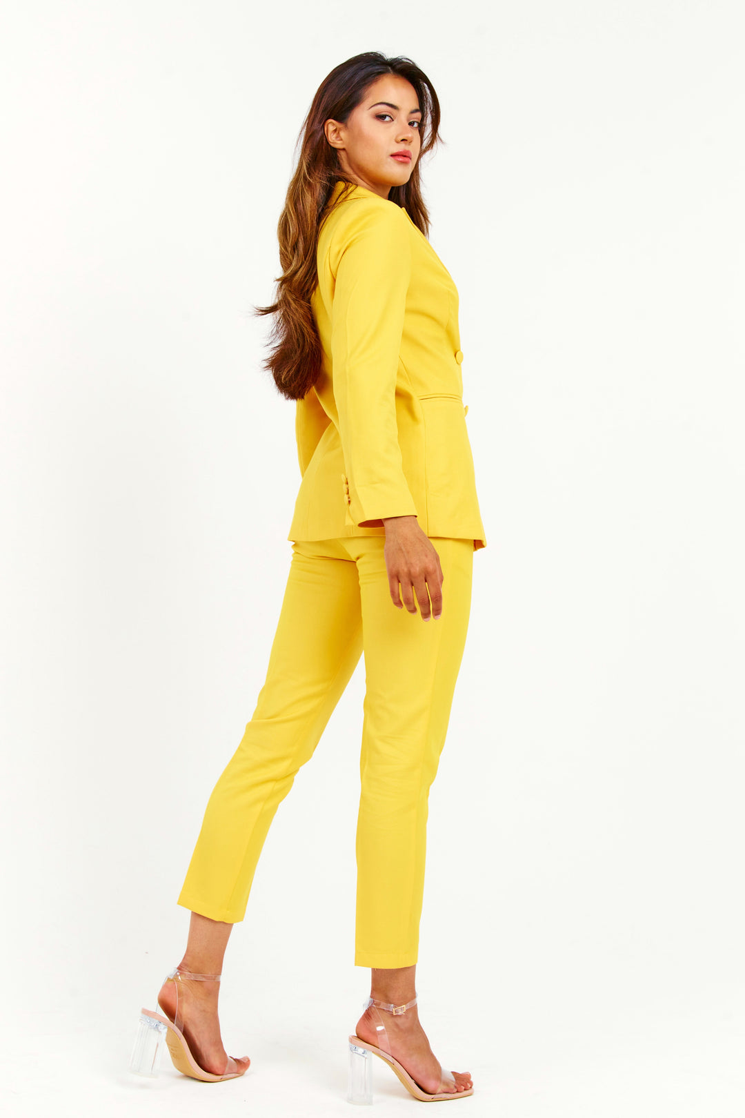Sunrise Yellow Double Breasted 2 Piece Suit - Standing Back View