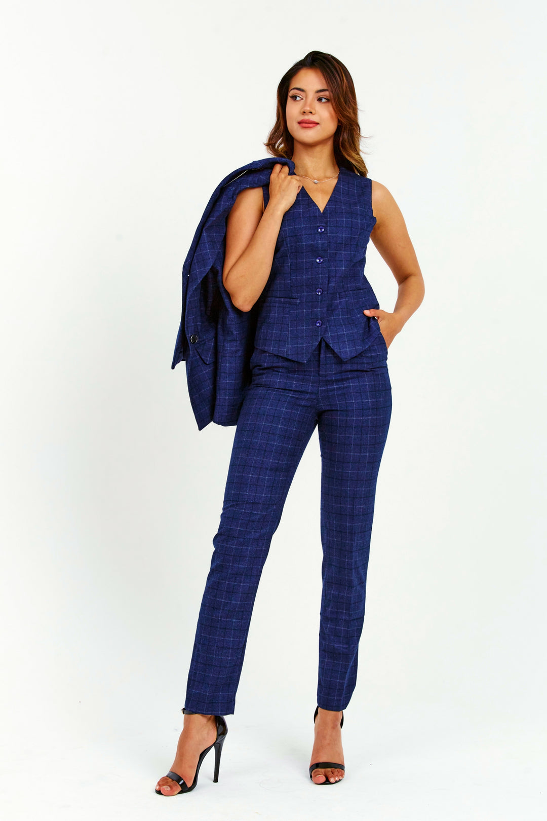 Navy 4-Piece Checked Suit