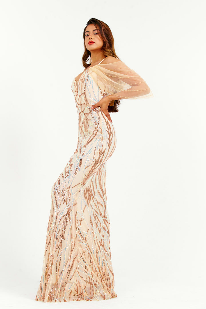 Champagne 3D Swirled Sequin Embroidered Maxi Dress