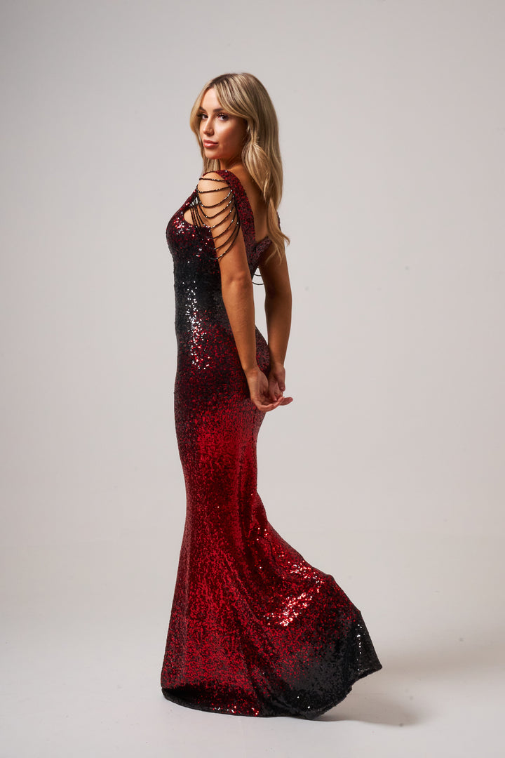 Two-Tone Red-Black Jewelled Sleeve Sequin Maxi Dress - Full Side Back View