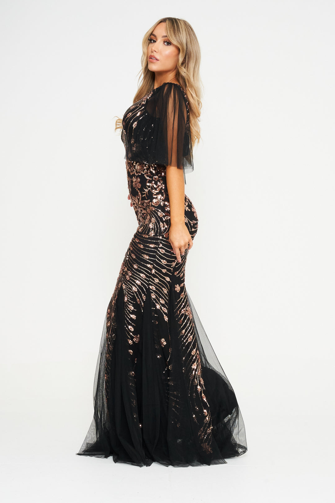 Black Mesh Flared Sleeve Gold Sequin Maxi Dress - Side View