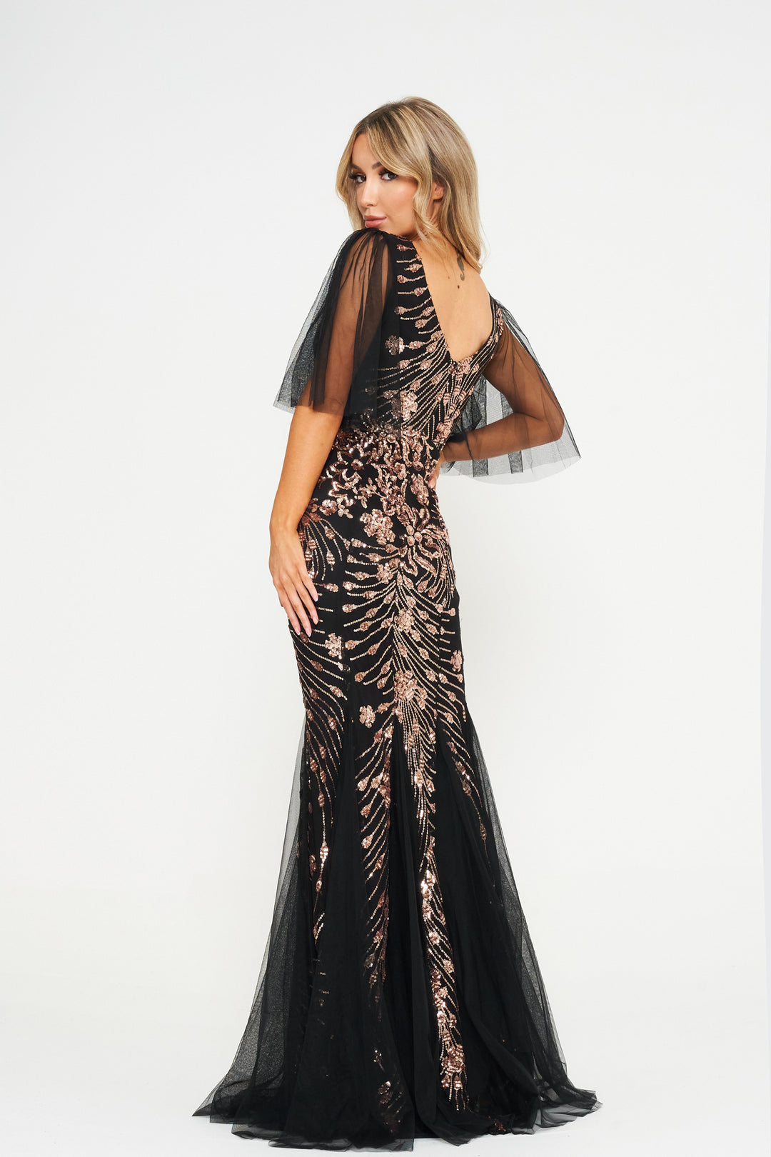 Black Mesh Flared Sleeve Gold Sequin Maxi Dress - Back View