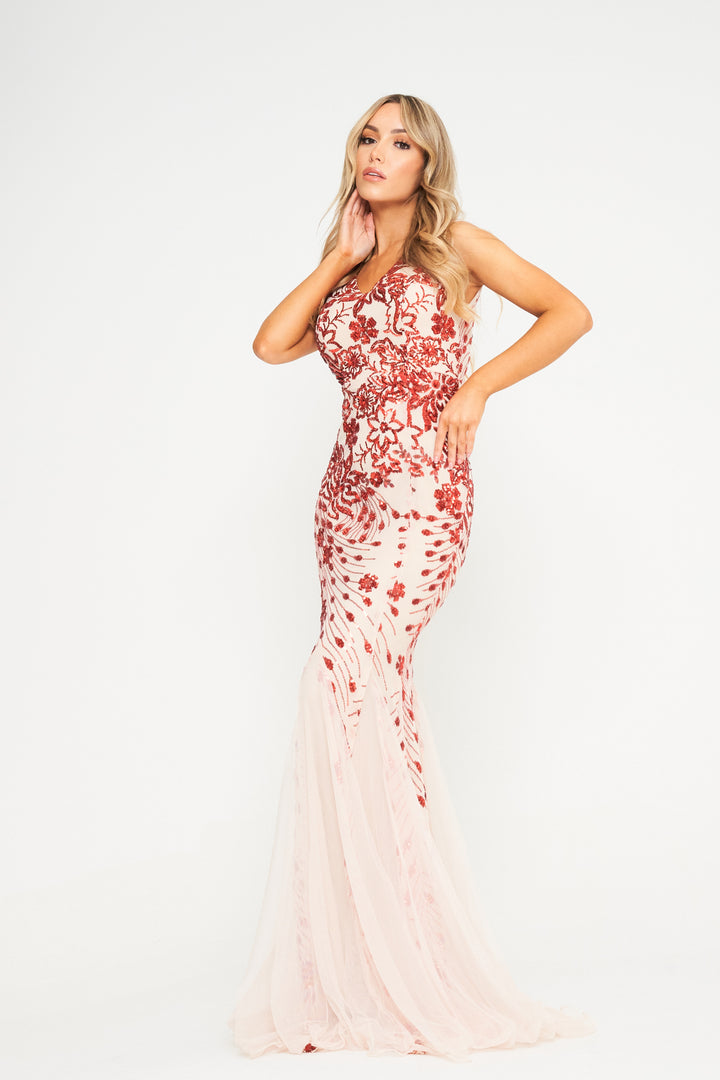 Red Sequin Champagne Mesh Insert Maxi Dress - Front View