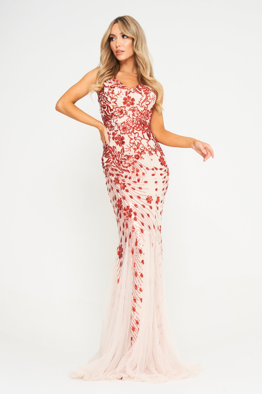Red Sequin Champagne Mesh Insert Maxi Dress - Front View 2