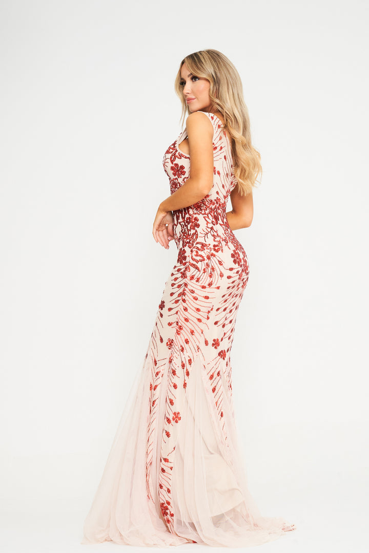 Red Sequin Champagne Mesh Insert Maxi Dress - Side View