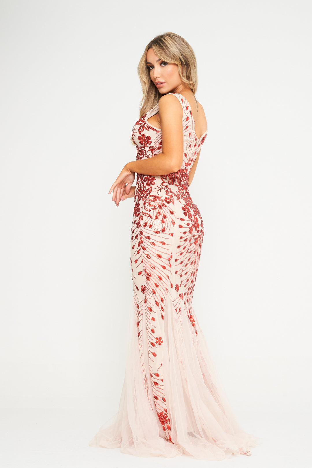 Red Sequin Champagne Mesh Insert Maxi Dress - Back View