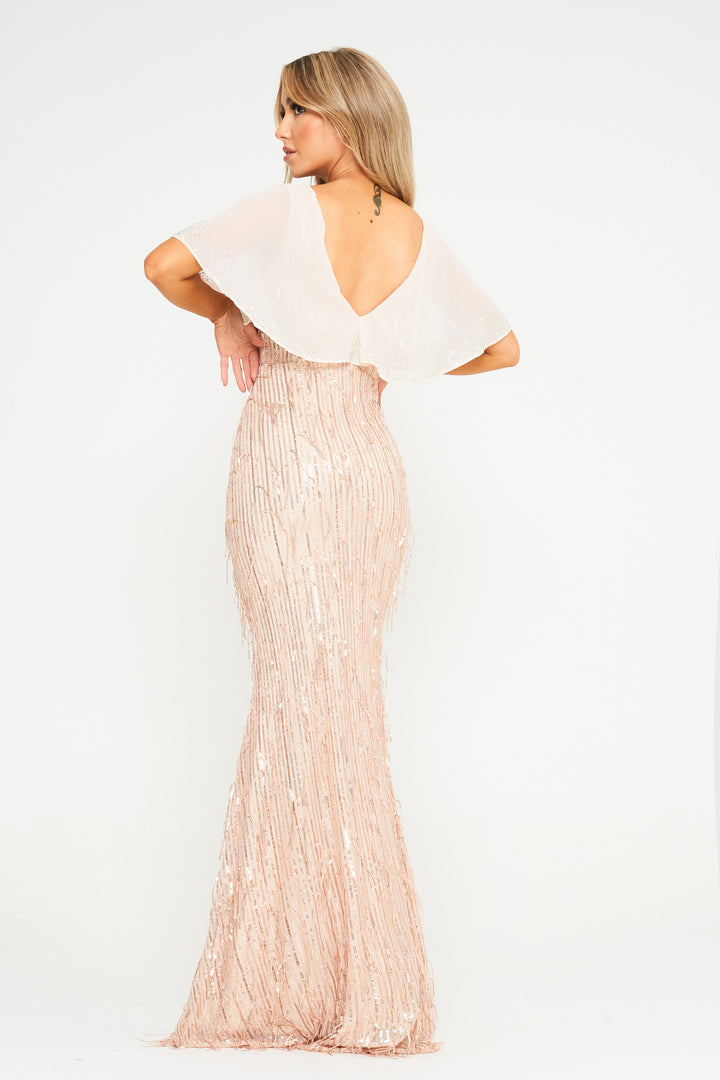Apricot Butterfly Sleeve Sequin Maxi Dress - Back View