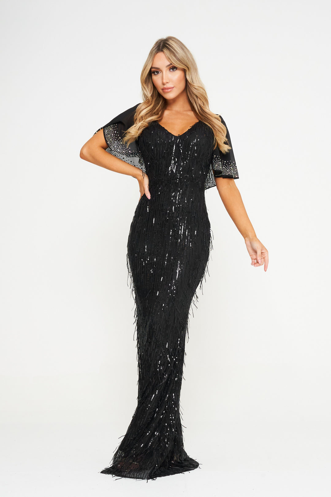 Black Butterfly Sleeve Sequin Maxi Dress - Full Front View