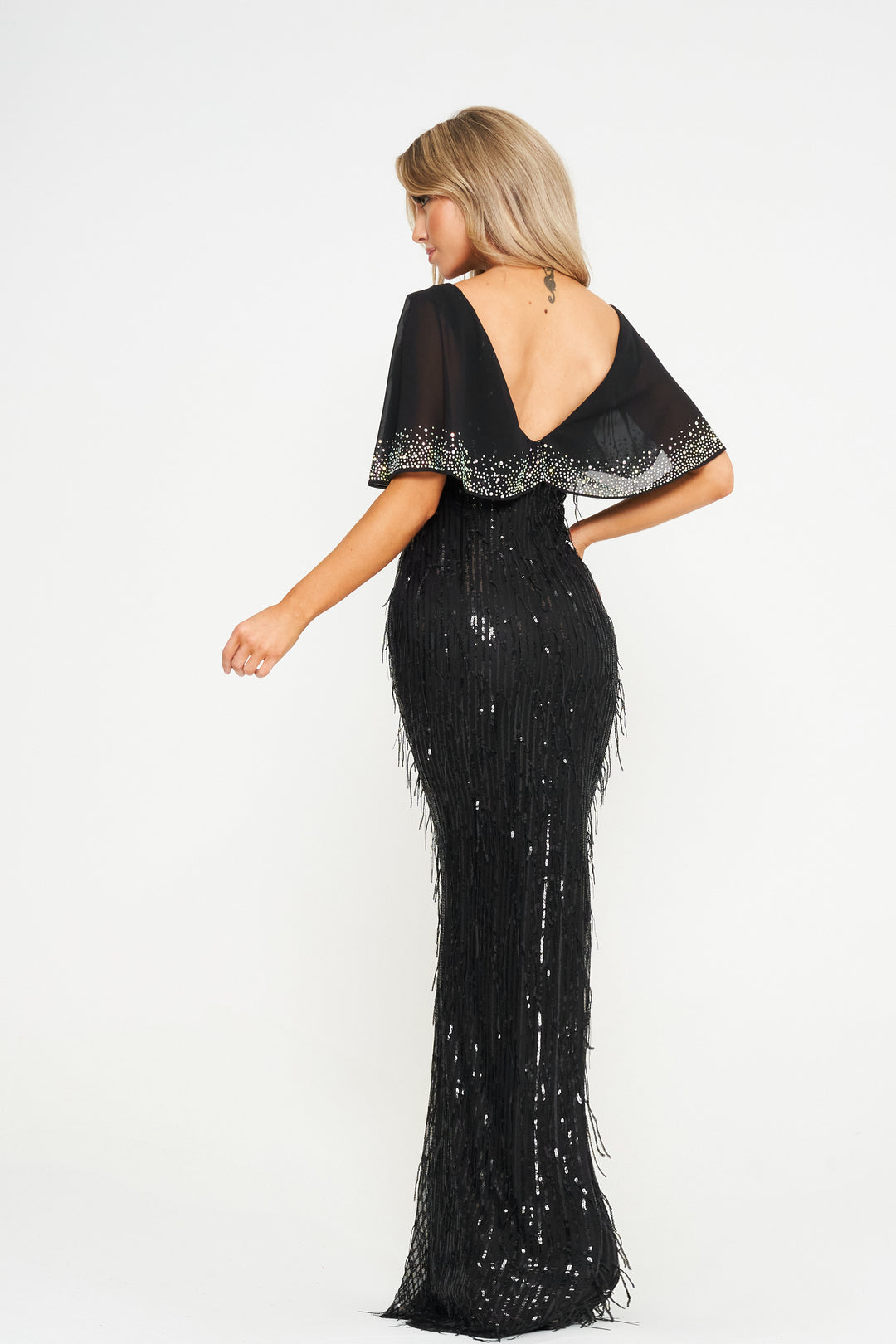 Black Butterfly Sleeve Sequin Maxi Dress - Back View 1