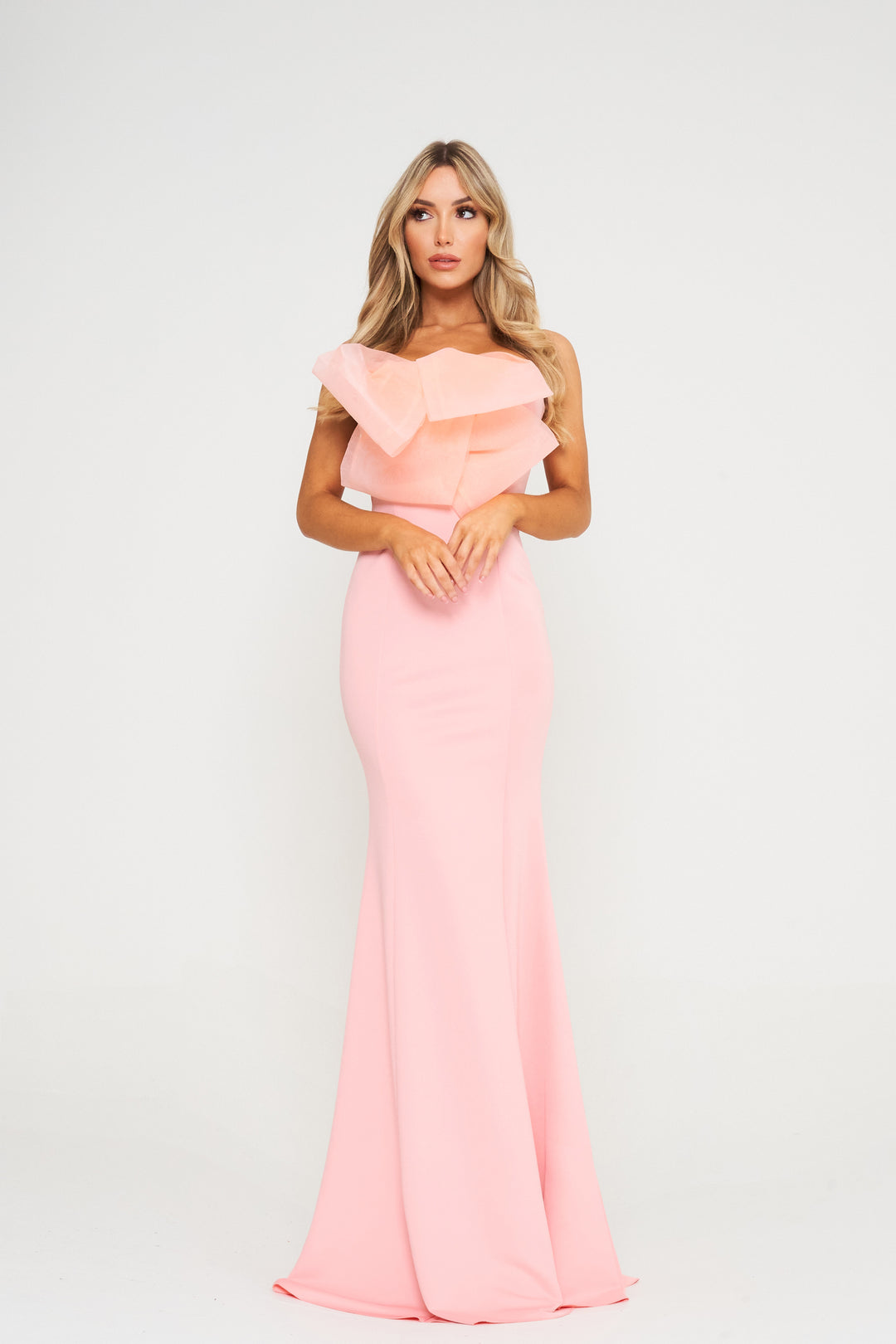 Pink Off Shoulder Bow Detail Maxi Dress - Front View 3