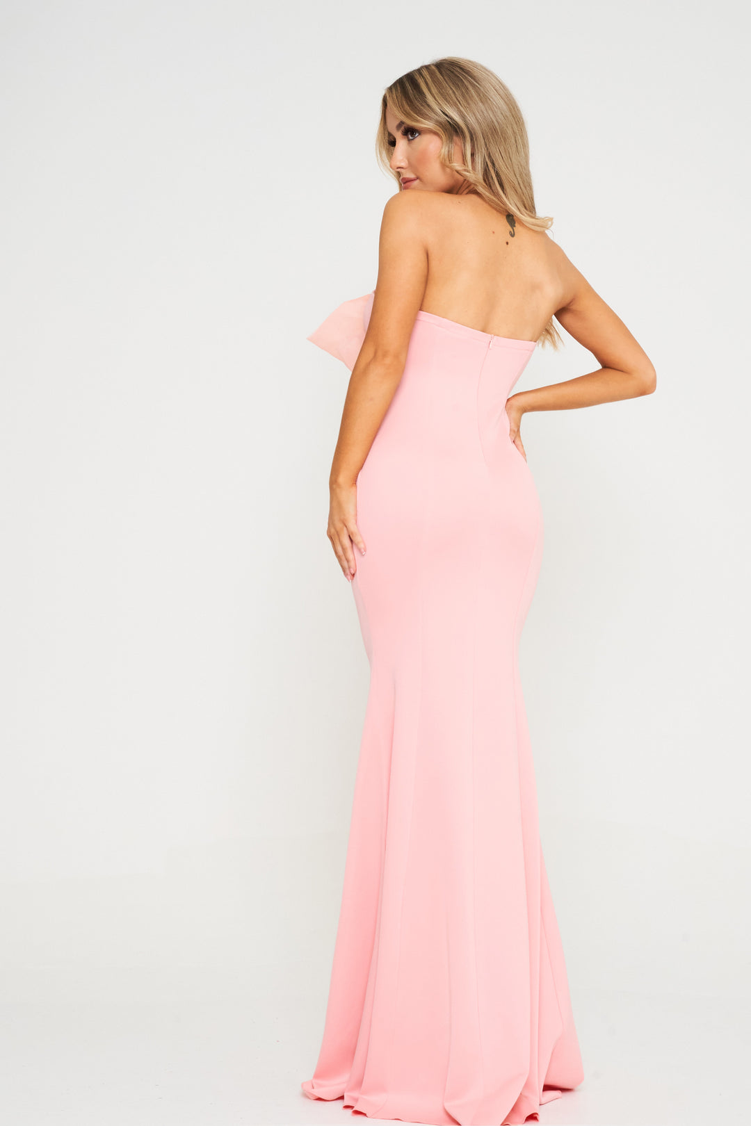 Pink Off Shoulder Bow Detail Maxi Dress - Back View