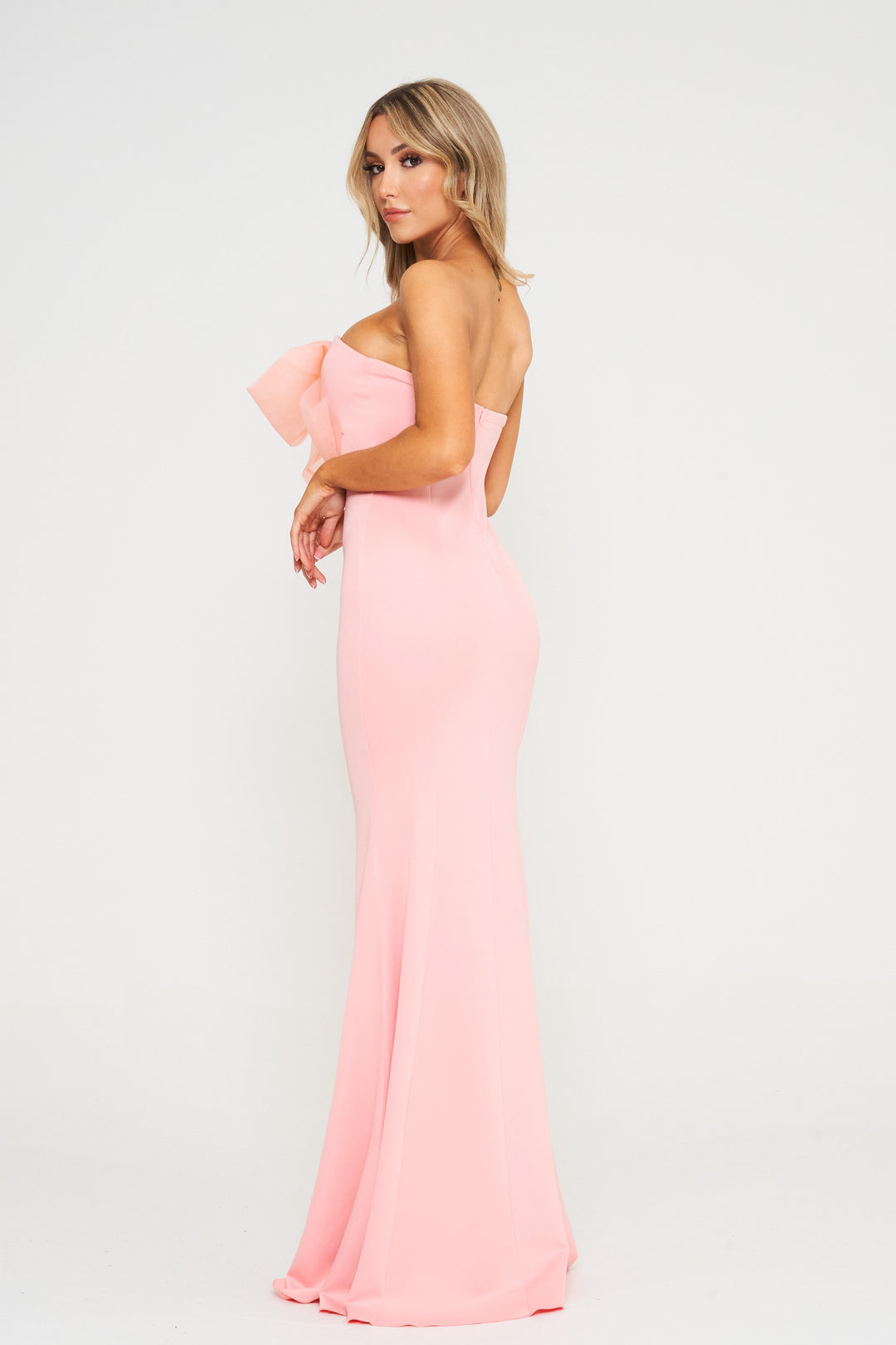 Pink Off Shoulder Bow Detail Maxi Dress - Back View 2