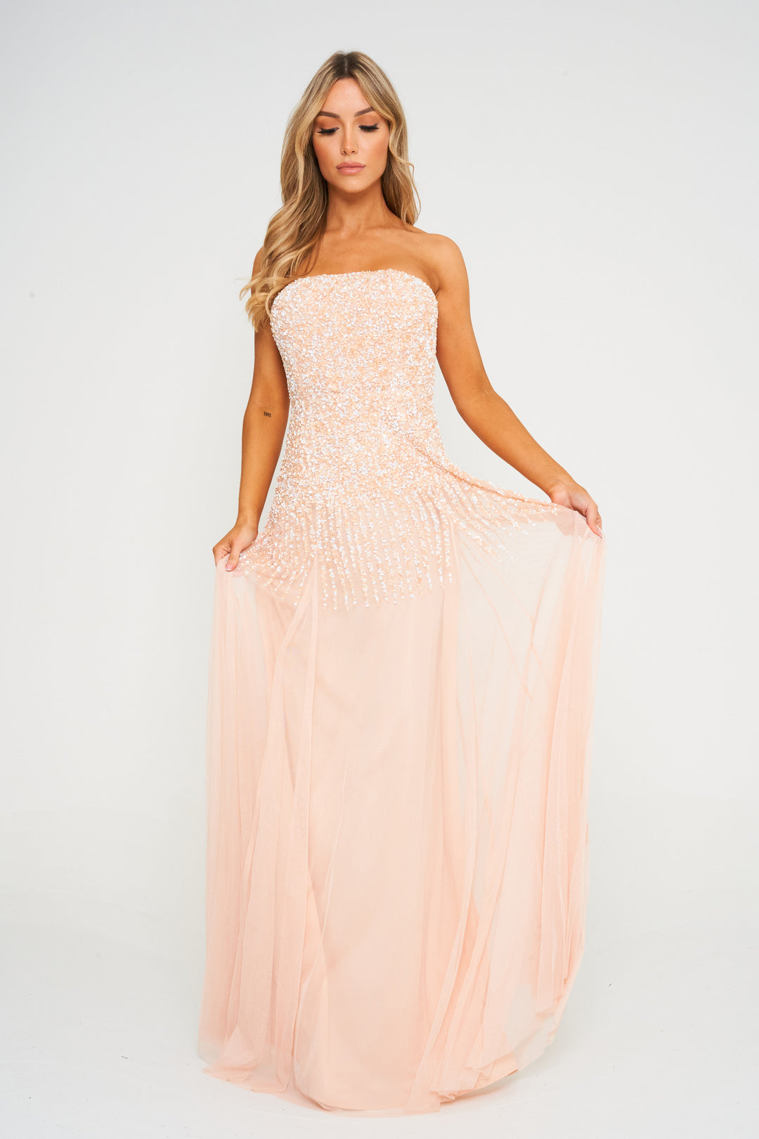 Peach Off-Shoulder Sequin Embellished Maxi Dress