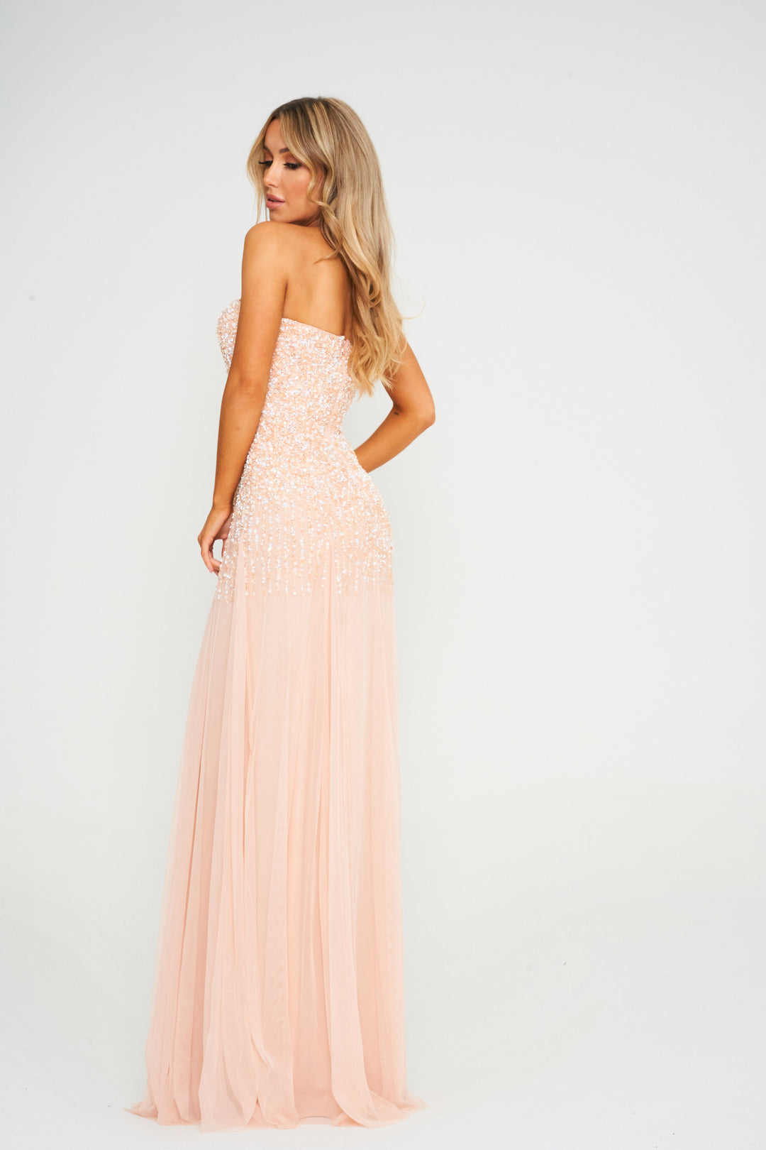 Peach Off-Shoulder Sequin Embellished Maxi Dress
