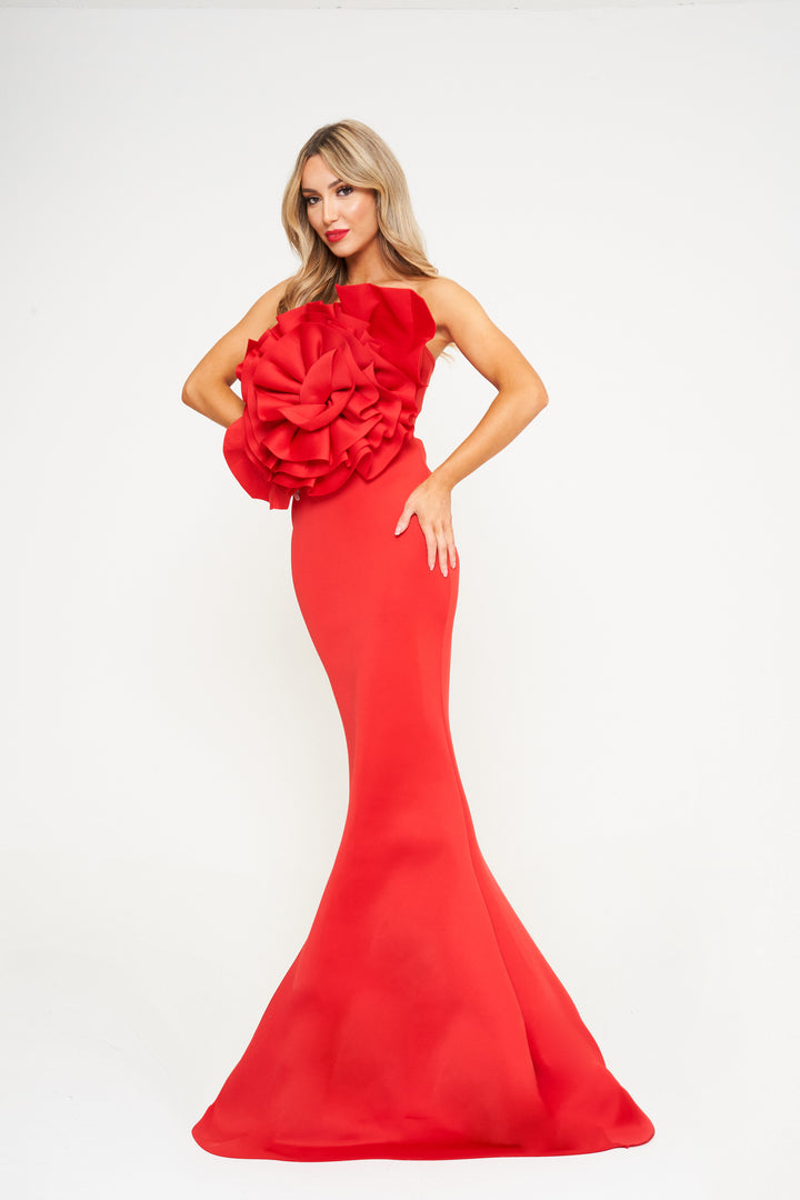 Red Off- Shoulder Flower Maxi Dress - Front View 1