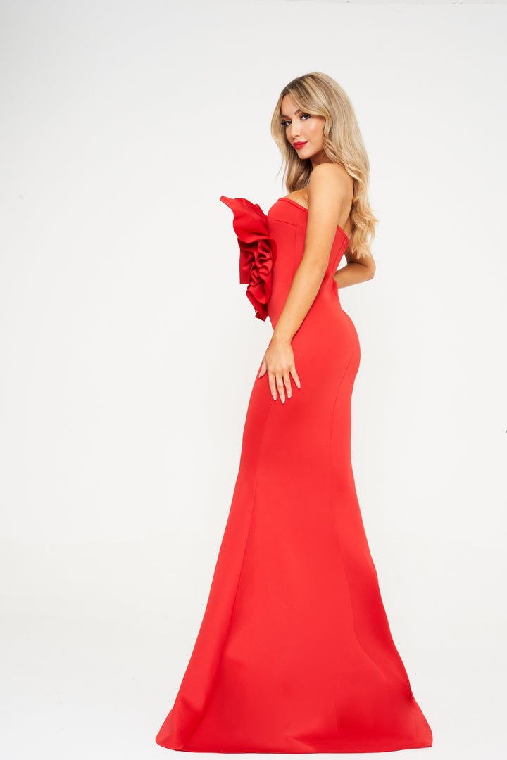 Red Off- Shoulder Flower Maxi Dress - Side View 1