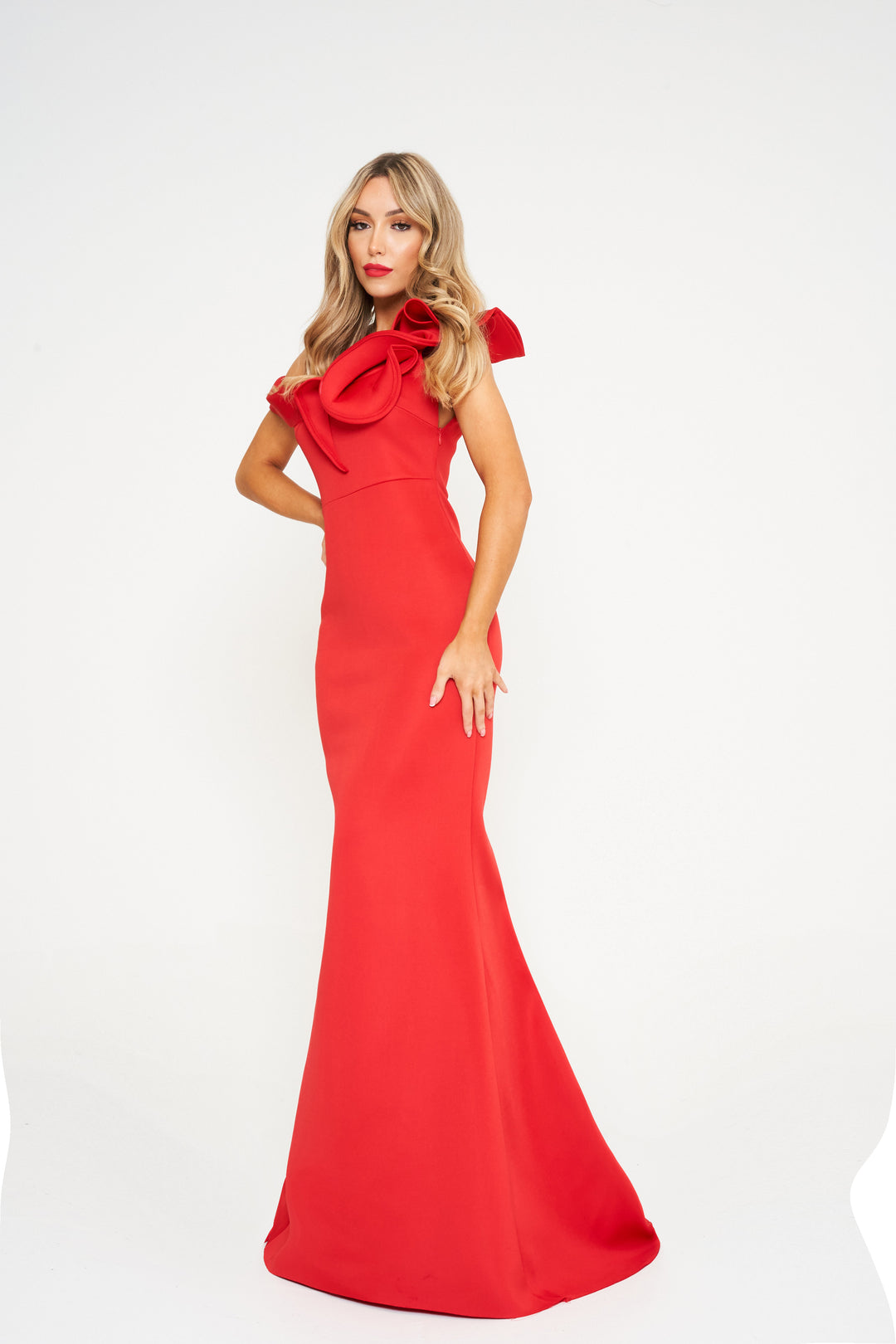 Red Frilled One Shoulder Maxi Dress - Front View Standing Up
