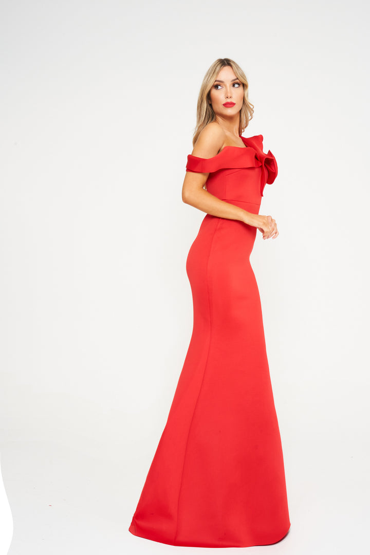 Red Frilled One Shoulder Maxi Dress - Side View Standing Up