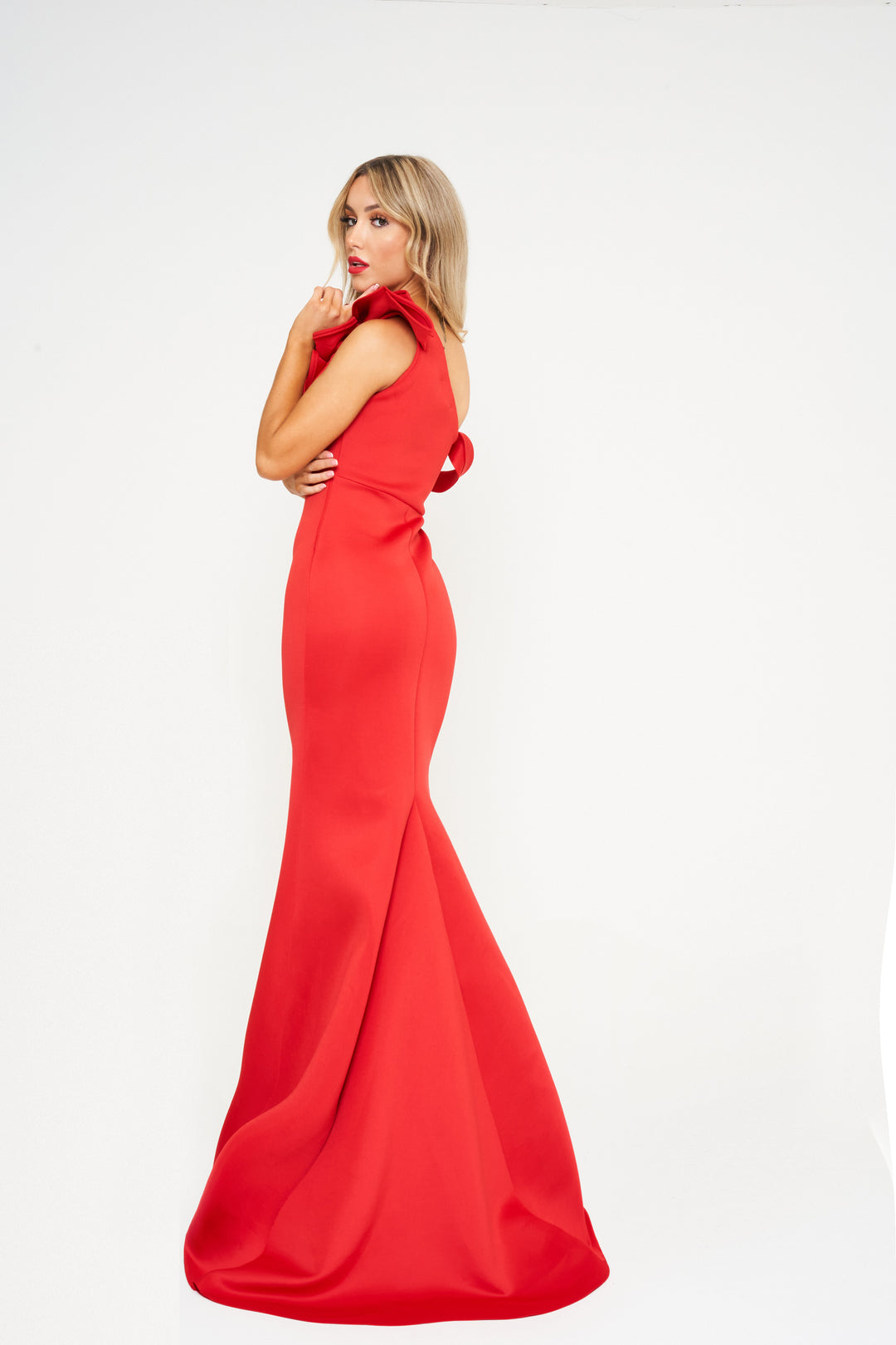 Red Frilled One Shoulder Maxi Dress - Back View Standing Up