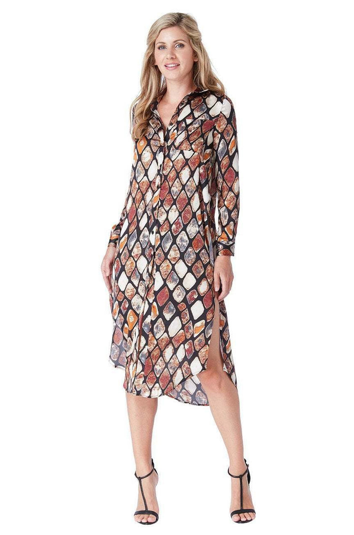 Multicoloured Printed Long Shirt Dress - Front View
