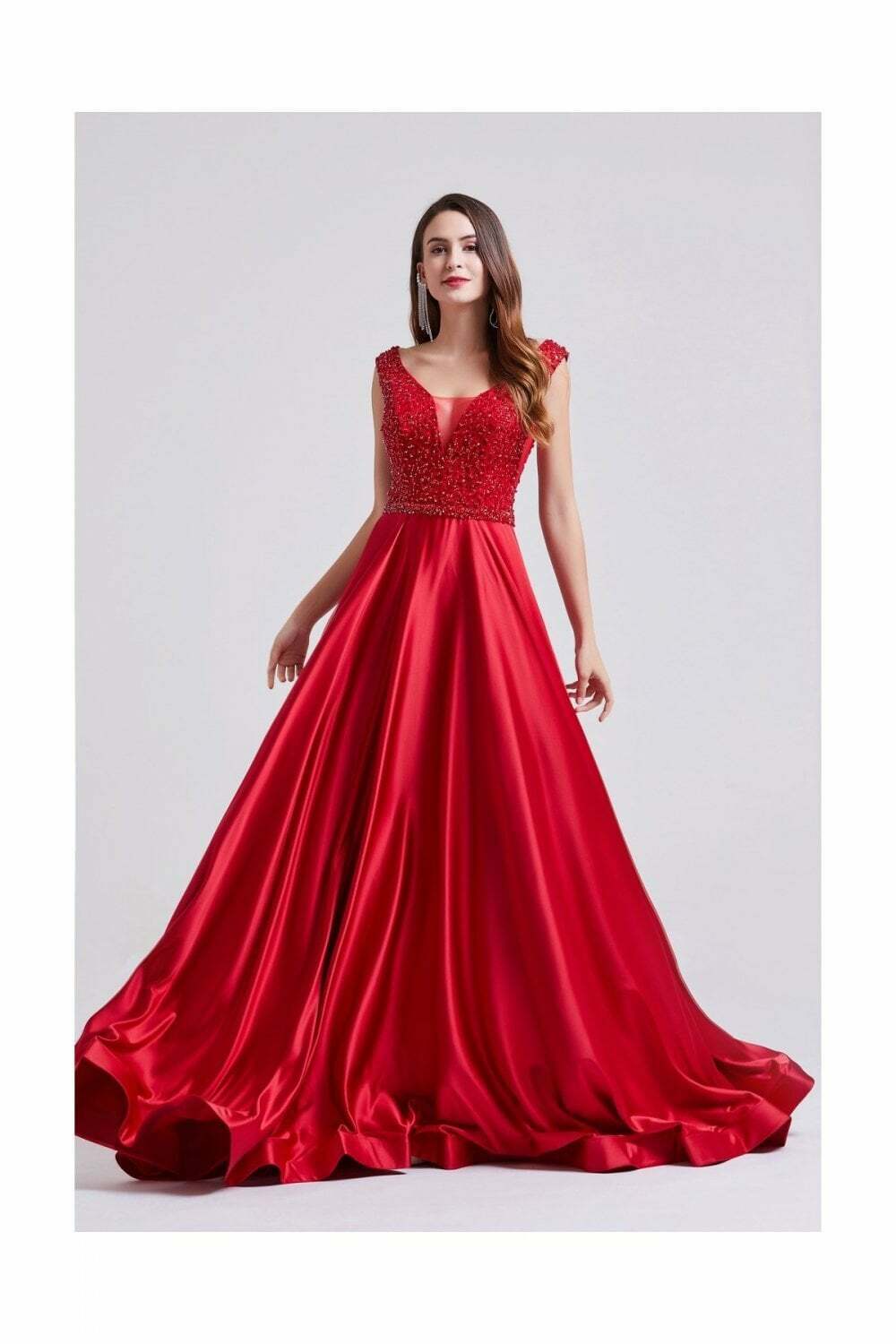 Red Sequinned Bust Maxi Deep V-Neck Dress - Front View
